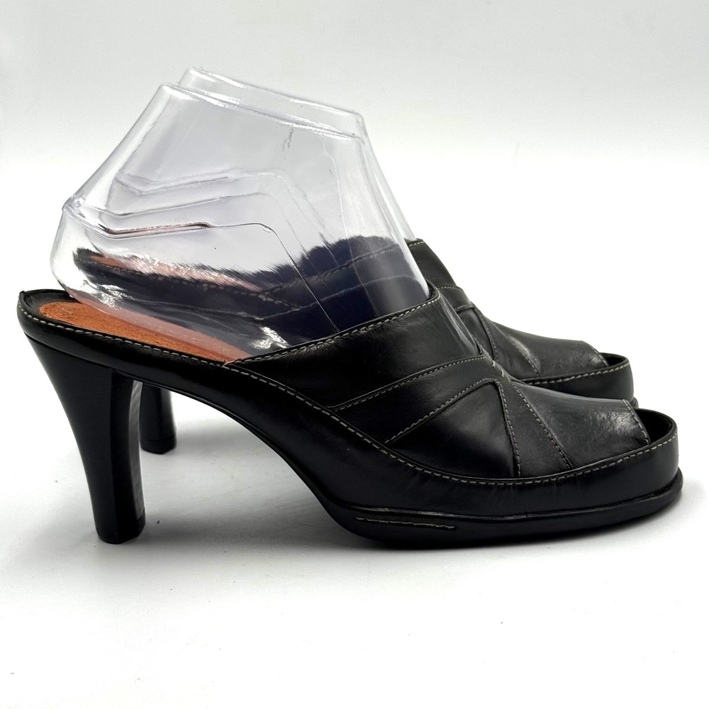 Aerosoles Black Leather Peep Toe Mules Contrast Stitch Stiletto Heels women 8.5W